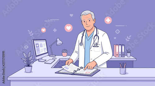 Doctor reviewing medical records on transparent background