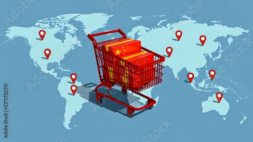 Global online shopping concept with shopping cart and world map
