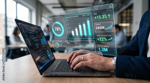 Businessman Analyzing Quarterly Sales Data and KPI Dashboard on Laptop with Holographic HUD