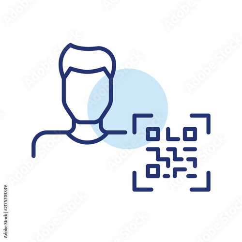 Remote account access, user code, persona sync. Male avatar and qr code scan. Pixel perfect, editable stroke vector icon