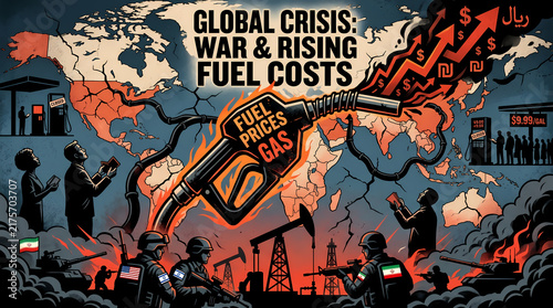 Dramatic infographic illustration of a global crisis due to war and soaring fuel prices