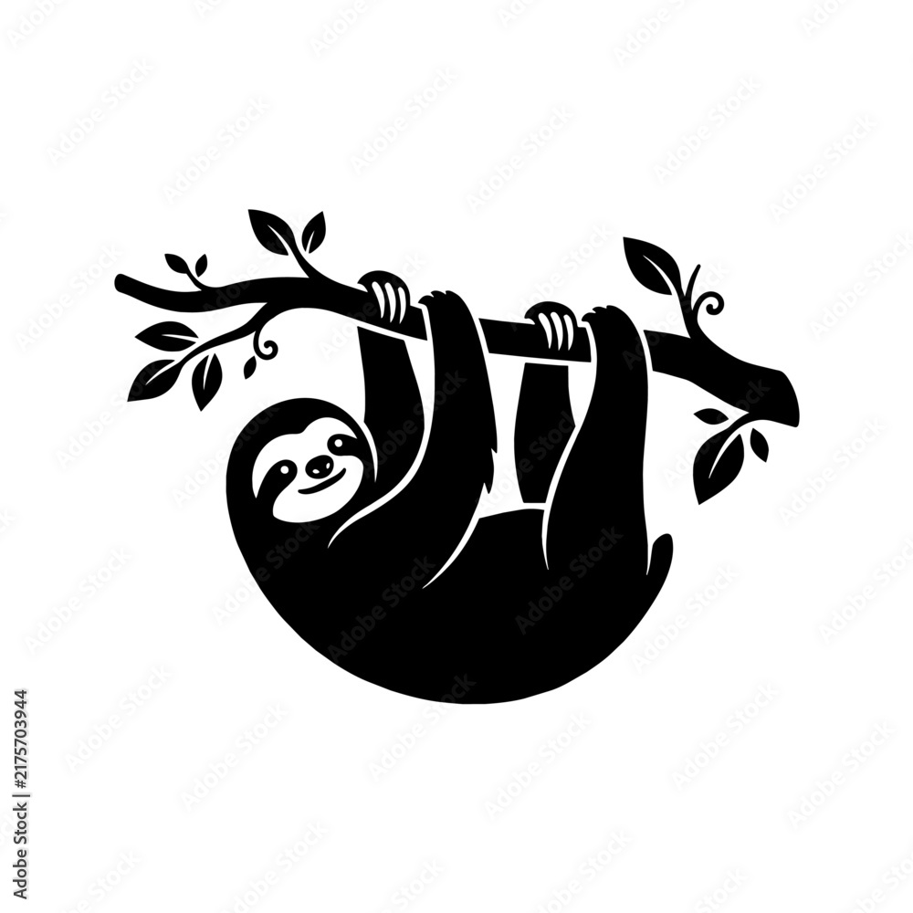 Naklejka premium Sloth hanging from a tree branch silhouette