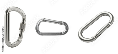 Three silver carabiners on transparent background for climbing and outdoor activities