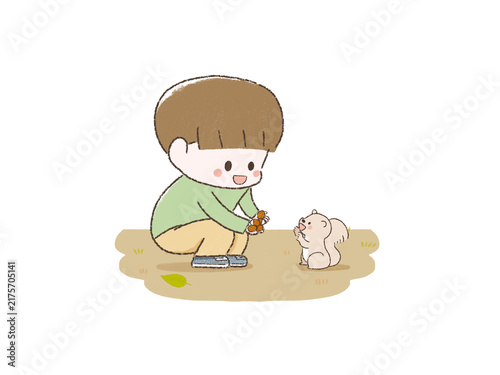 どんぐりの収穫に喜ぶこどもとリス