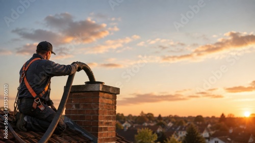 Chimney Sweep Technician Cleaning Residential Chimney at Sunset