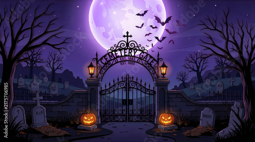 Pixel art cemetery gate with glowing pumpkins and bats under a full moon at night