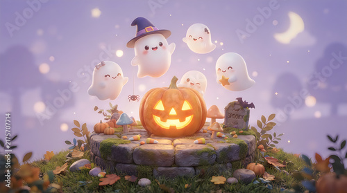 Cute ghosts and glowing jack o lantern pumpkin for halloween celebration in a spooky cemetery
