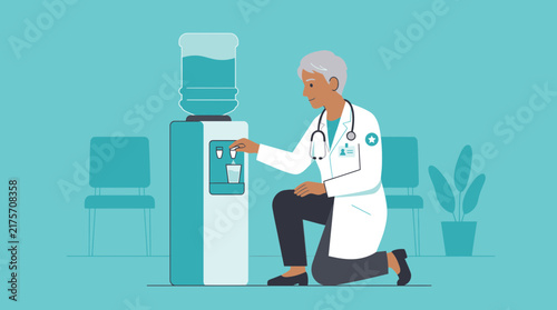 Doctor Fills Water Glass from Cooler in Waiting Room - Isolated