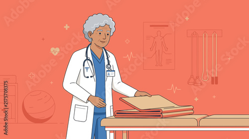 Doctor Folding Blanket in Medical Room with Equipment