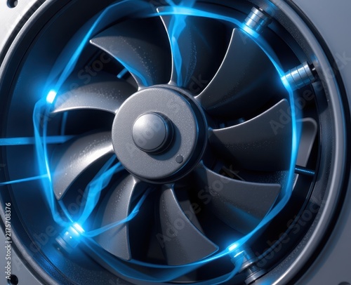 Close-up of a futuristic turbine fan with glowing blue electrical arcs surrounding it.