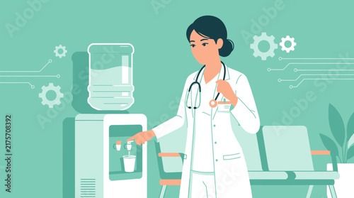 Doctor getting water from cooler in waiting room, medical illustration