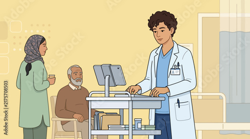 Doctor Helping Elderly Patient and Woman in Hospital Room
