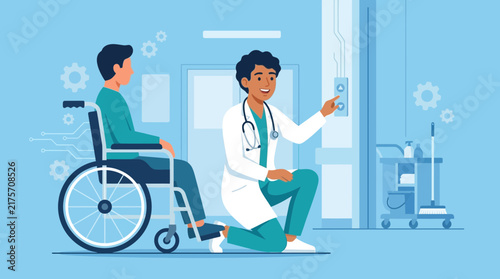 Doctor Helping Patient in Wheelchair Operating Elevator Controls