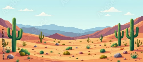 Desert landscape with cacti, rocks, and distant mountains under a clear sky.