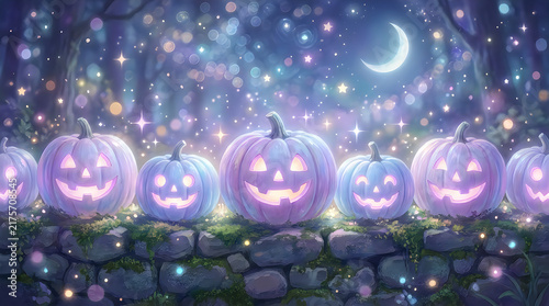 Purple halloween pumpkins with glowing faces under a magical night sky with stars and crescent moon