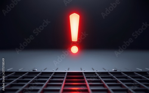 Glowing red exclamation mark floating above a dark metallic grid surface with shadows.