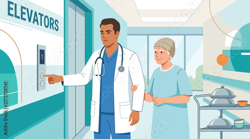Doctor helping patient press elevator button in hospital corridor, healthcare concept