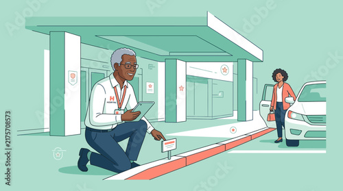 Doctor helps patient at hospital entrance with tablet and car