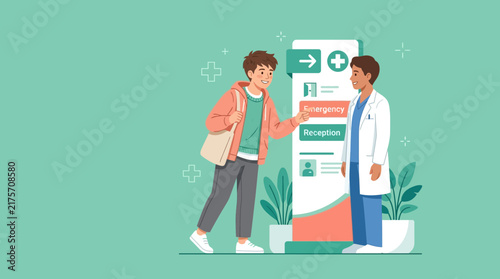 Doctor Helping Patient with Directions at Hospital Sign