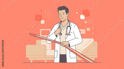 Doctor Holding a Broom, Isolated Medical Professional, Healthcare Concept