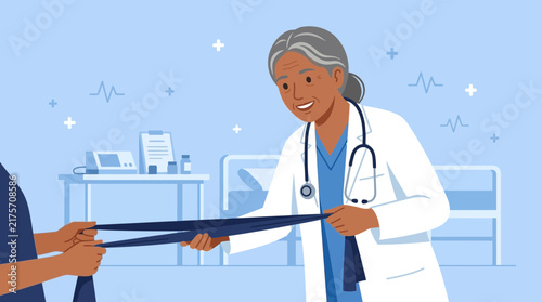 Doctor helping patient with physical therapy resistance band