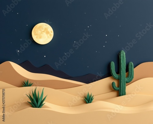 Desert landscape at night with full moon, stars, sand dunes, cacti, and distant mountains.