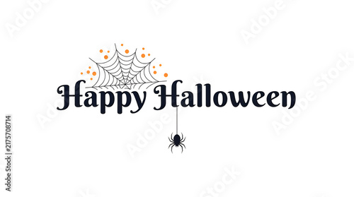 Happy halloween greeting card text with a black spider hanging from a web