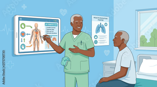 Doctor explains medical chart on tablet to patient in hospital room