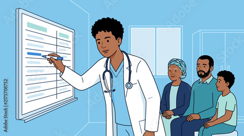 Doctor Explains Medical Chart to Family in Clinic