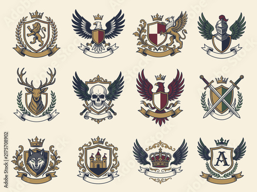 Collection of twelve medieval heraldic crests and coat of arms featuring lion, eagle, skull, knight, and wolf emblems on shields with crowns and ribbons.