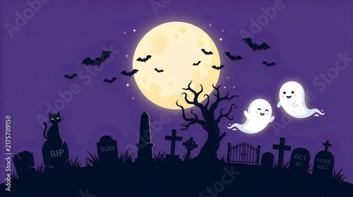Cute cartoon ghosts flying in a spooky graveyard at night with a full moon and black bats