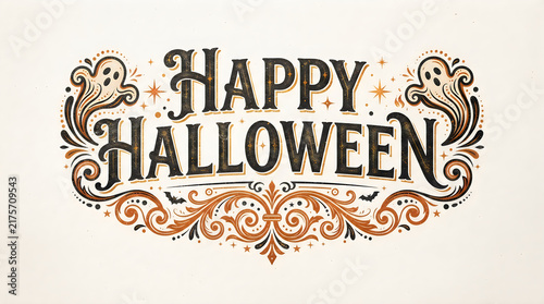 Happy halloween vintage style typography design with ghosts and decorative ornaments for holiday greeting cards
