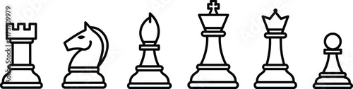 Bild auf Leinwand Chess pieces line icons featuring king, queen, rook, knight, bishop, and pawn in clean outline vector style for gaming