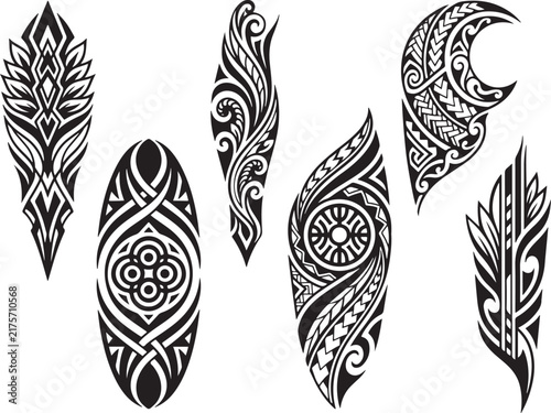 Ornamental Feather Symbol Collection | Tribal, Decorative and Geometric Feather Vector Set