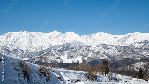 雪が積もった北アルプスの山並み　日本の冬景色