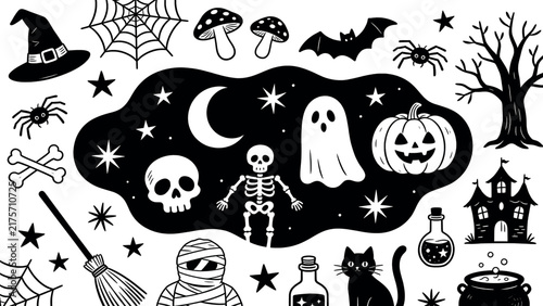 Spooky halloween doodle scene with ghost skeleton pumpkin skull and moon inside dark cloud shape background.