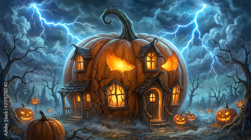 Spooky halloween pumpkin house with glowing windows under a dark stormy sky with lightning bolts in the night