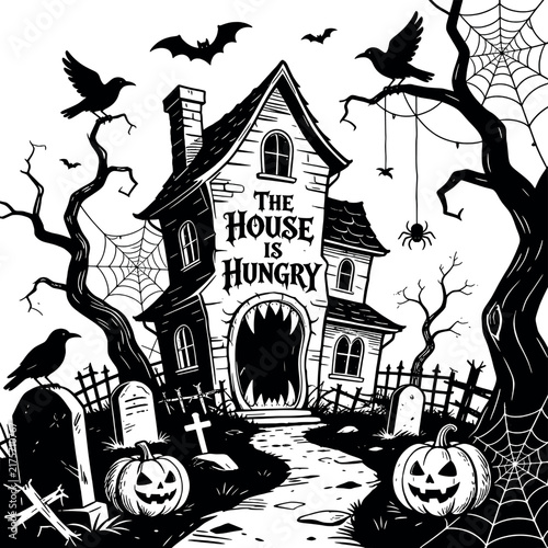 Spooky haunted house monster mouth graveyard scene black line art graphic for halloween apparel print decor.