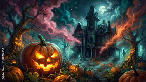 Scary glowing jack-o-lantern pumpkin in front of a spooky haunted house at night with full moon