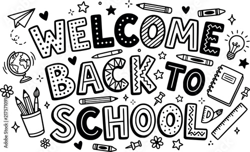 Welcome back to school doodle typography lettering with stationery icons for educational banners and posters.