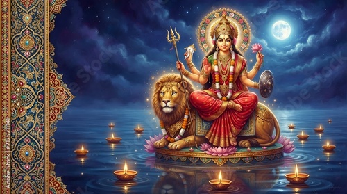 Goddess Durga Sitting on Lion with Floating Diyas on Water Under Full Moon