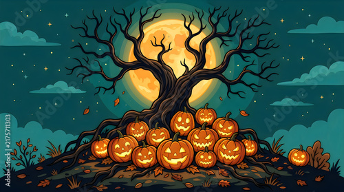 Spooky halloween scene with glowing pumpkins and a scary dead tree under a big yellow full moon in the night sky