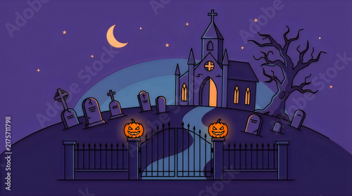Spooky pixel art graveyard scene with a gothic church, glowing pumpkin jack o lanterns, crescent moon and tombstones under a purple night sky