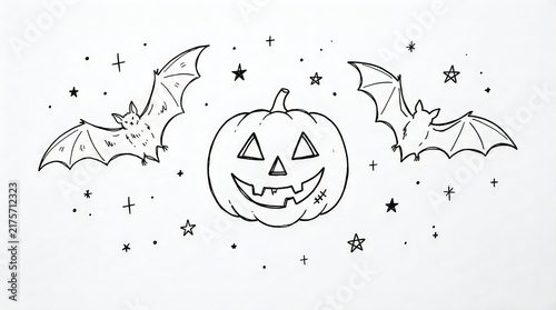 Cute hand drawn halloween pumpkin jack o lantern with flying bats and magical stars