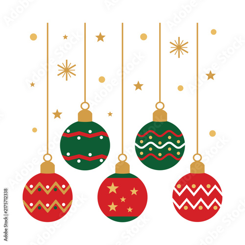 Christmas Ornament Collection in Red and Green. Festive Holiday Baubles with Golden Stars and Patterns