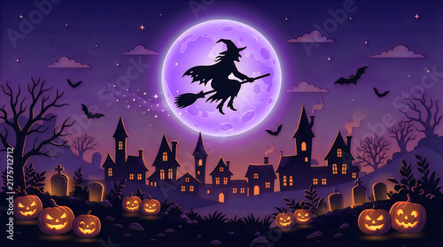Silhouette of a witch flying on a broomstick over a spooky haunted town with a full moon and pumpkins at night