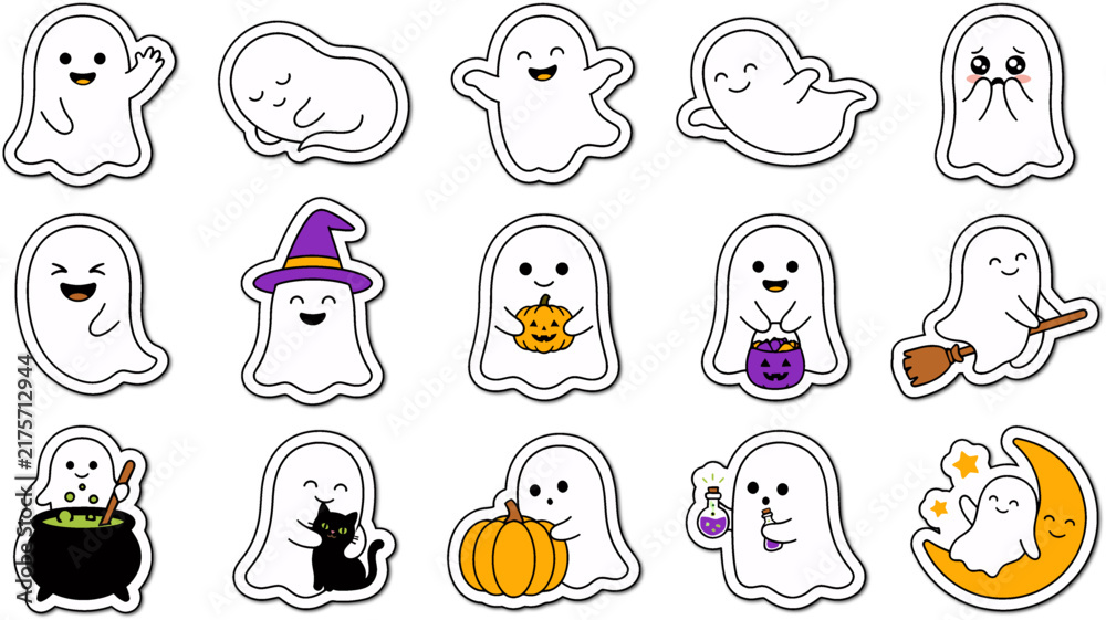 Fototapeta premium Cute Halloween Ghost Sticker Collection with Witch Hat, Pumpkins and Spooky Characters