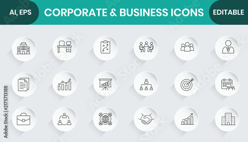 Corporate and Business Icons Set, Outline Symbols for Teamwork Office Management Meeting and Leadership in Editable Vector Design