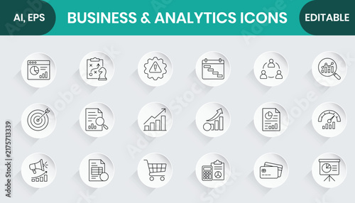 Business and Analytics Icons Set, Outline Symbols for Growth Strategy Chart Data Report Finance and Marketing in Editable Vector