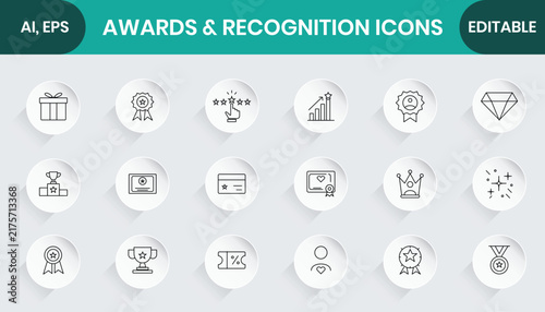 Awards and Recognition Icons Set, Outline Symbols for Achievement Trophy Medal Prize Winner Success Victory in Editable Vector Design